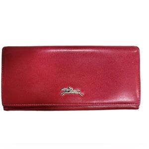 Longchamp Le Roseau Red Leather Wallet with Silver Logo